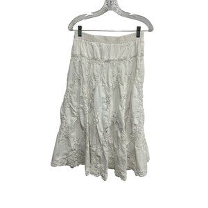 A-Line Lace Skirt White Pull On Elastic Waist Cutout Summer Bohemian Retro